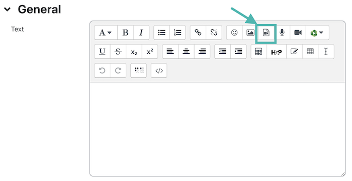 Picture of the Moodle text editor, with an arrow showing what button to click to add a video.