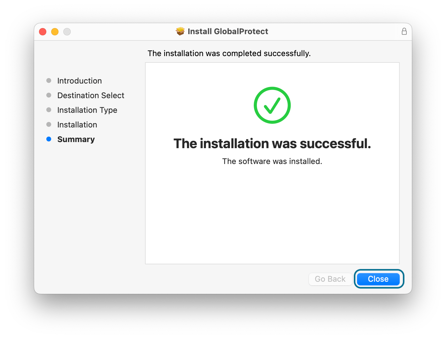 Global Protect installer final screen, click 'Close' to continue