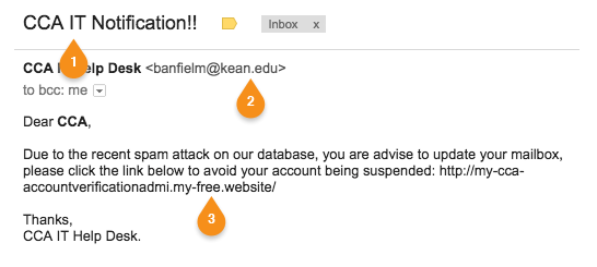 An example of a real phishing message sent to a CCA.edu staff member.
