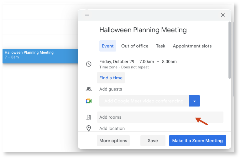 Google Calendar screenshot, showing the Add Rooms field