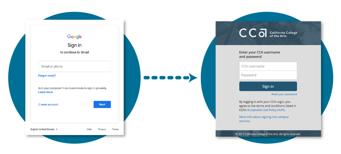 Google sign-in screen, followed by CCA SSO screen