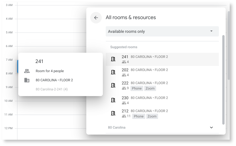 Google Calendar showing Room detail