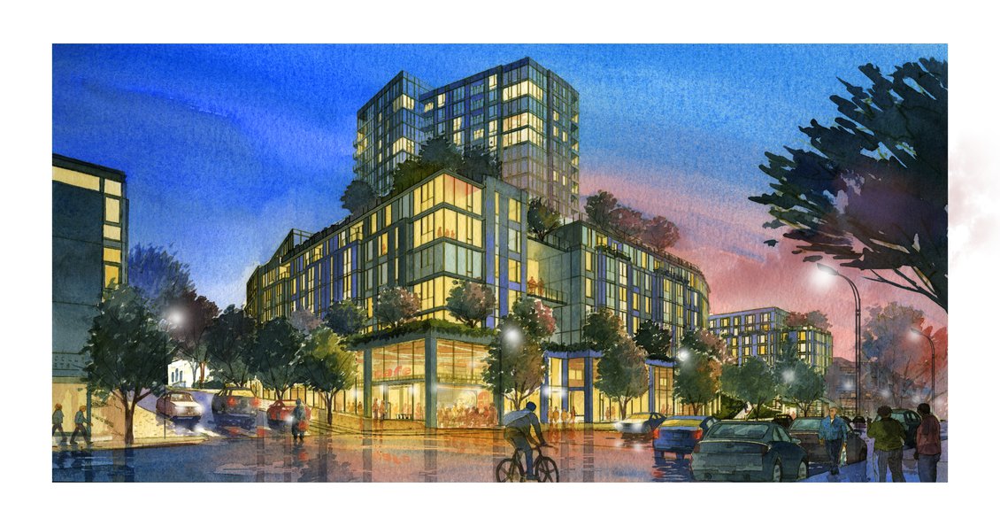 A watercolor depicting the proposed Oakland redevelopment plans.
