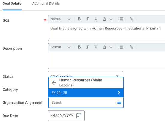 Screenshot of Create Goal task while choosing Org Alignment field