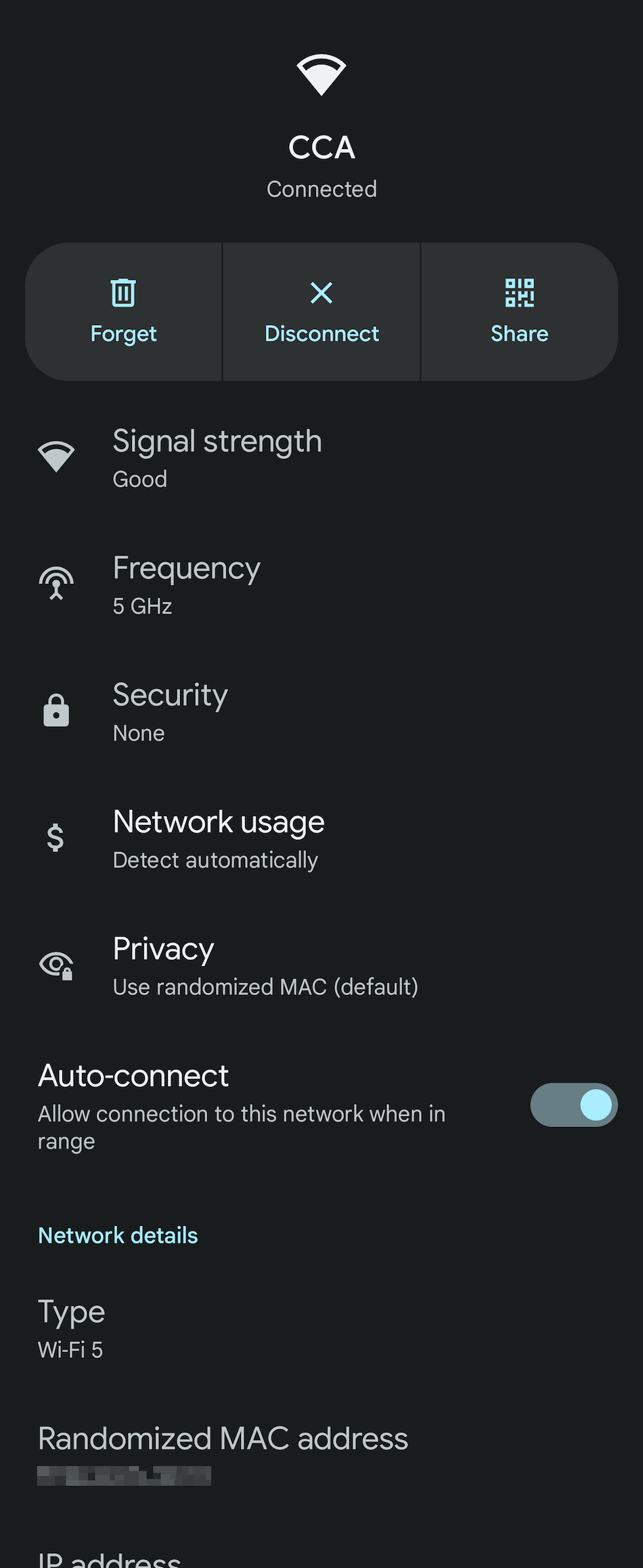 Android Settings, Internet page with CCA Wi-Fi details