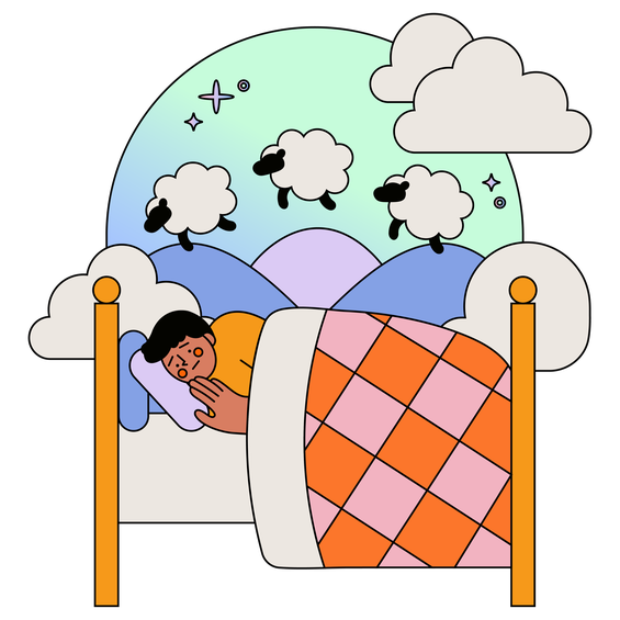 illustration depicting a person trying to sleep and counting sheep