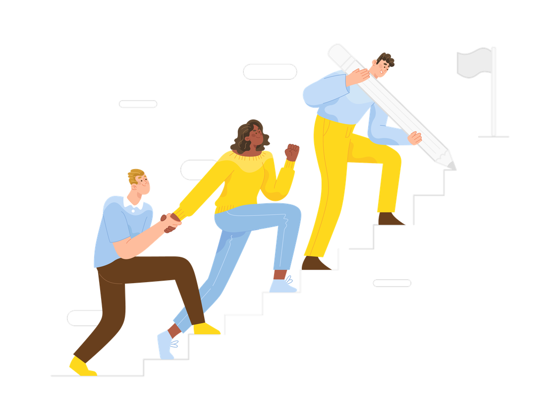 illustration depicting a team working together to move up a staircase
