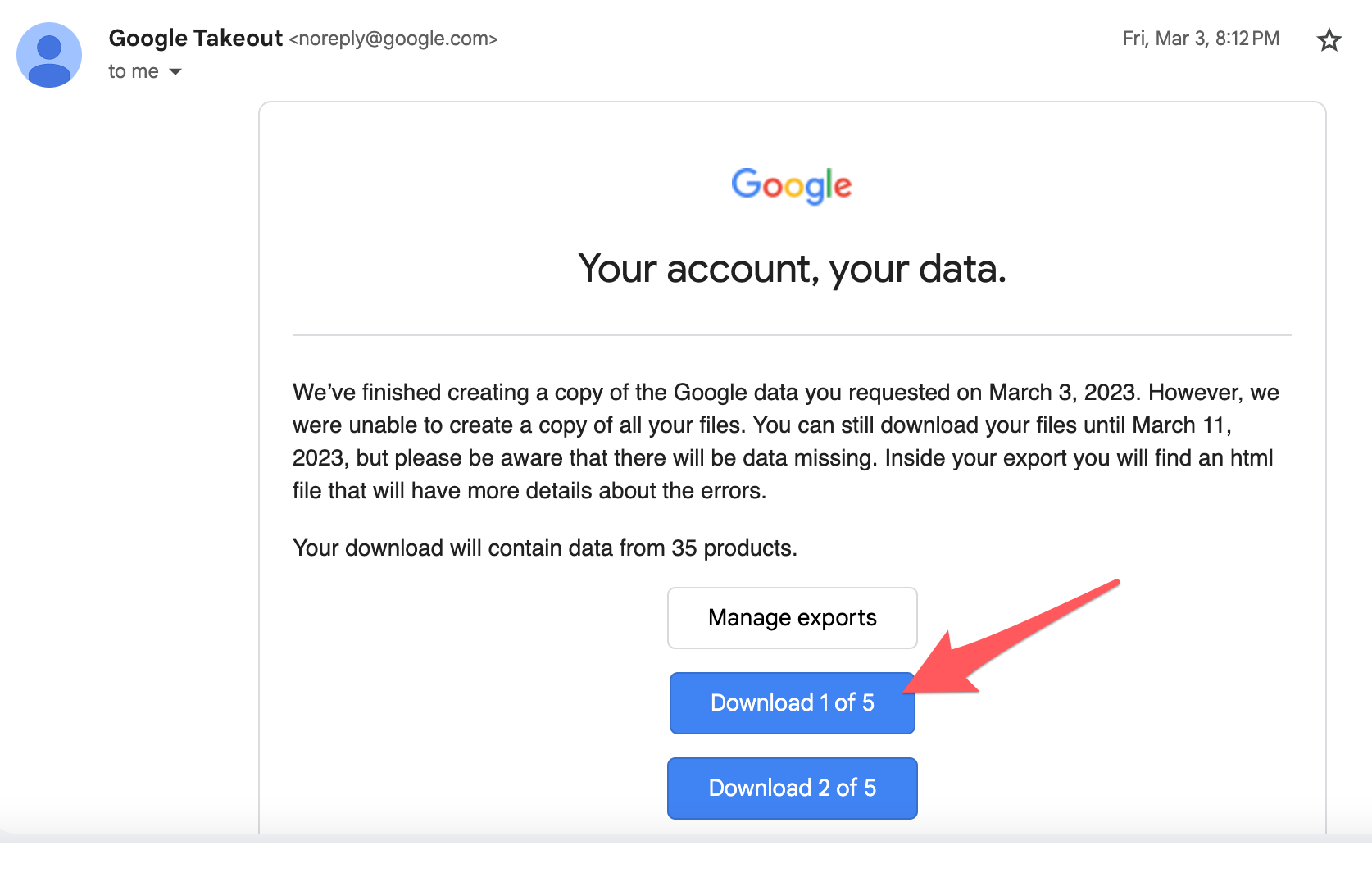 Google Takeout download links in email