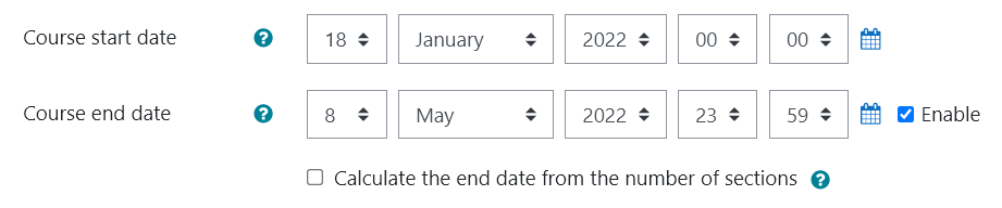 course end and start date in the Course Settings page