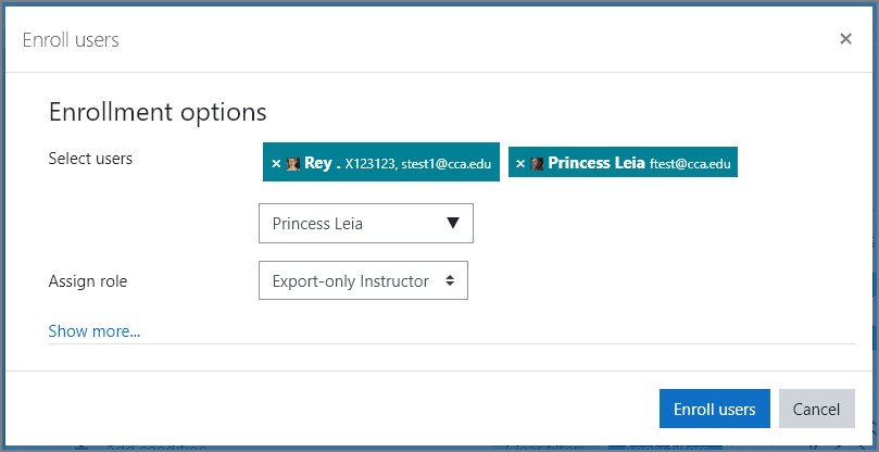 Example of enrolling two people in the "Export-only Instructor" role in a Moodle course.