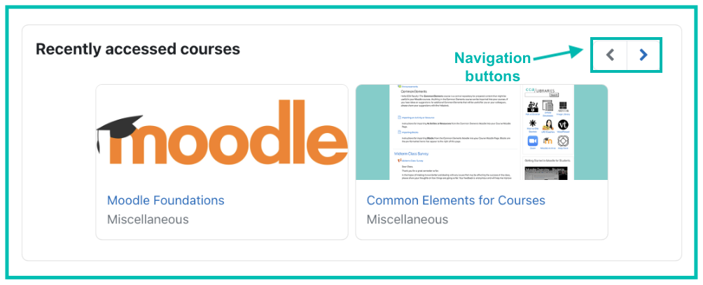 Recently accessed courses block, with an arrow indicating how to navigate to additional courses.