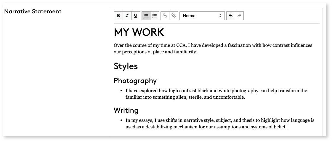 Narrative Statement Editor Field