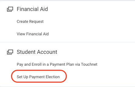 Set Up Payment Elections action in the Finances task menu