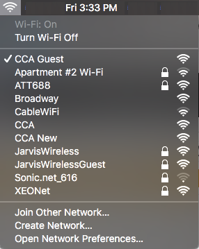A screenshot of CCA's wireless networks, with CCA Guest selected.