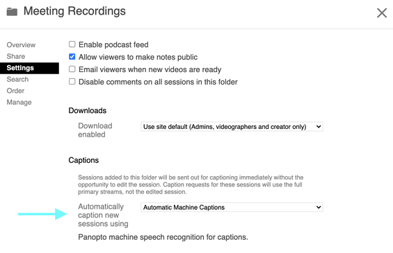 Panopto folder settings for automatically applying machine-generated captions