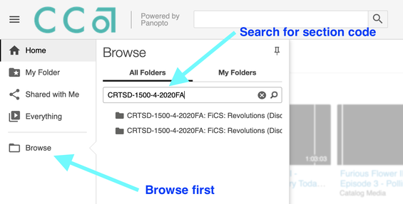 Searching for a course folder in Panopto
