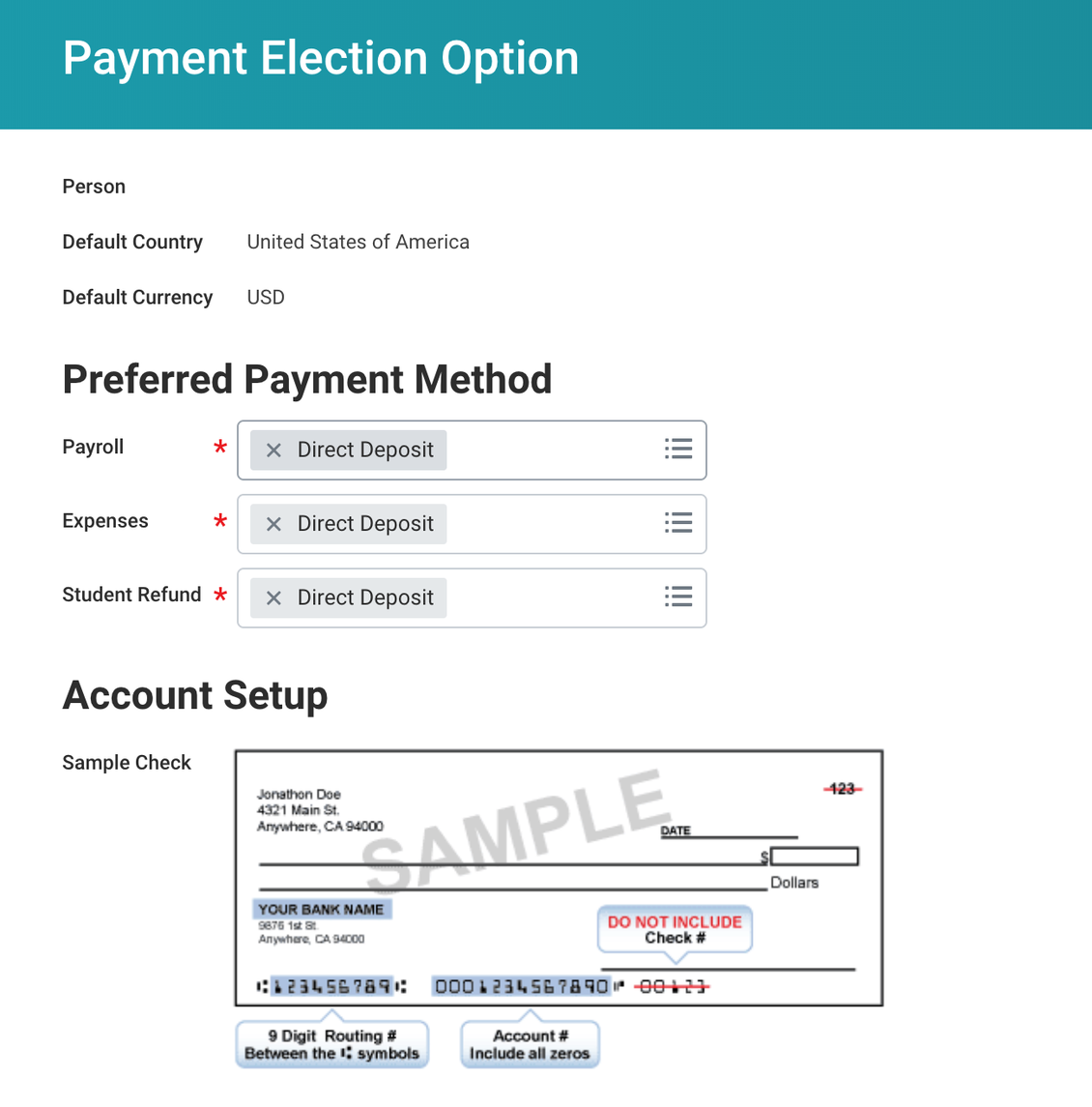 Setting Preferred Payment Method as Direct Deposit for Student Refunds