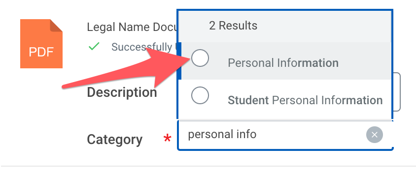 Personal Information selection in document Category dropdown
