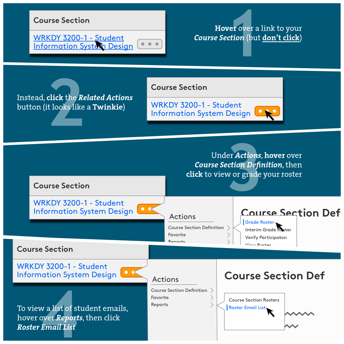 Hover over a course section link, click the Related Actions button, hover over Course Section Definitions under Actions, then click to view/grade roster.