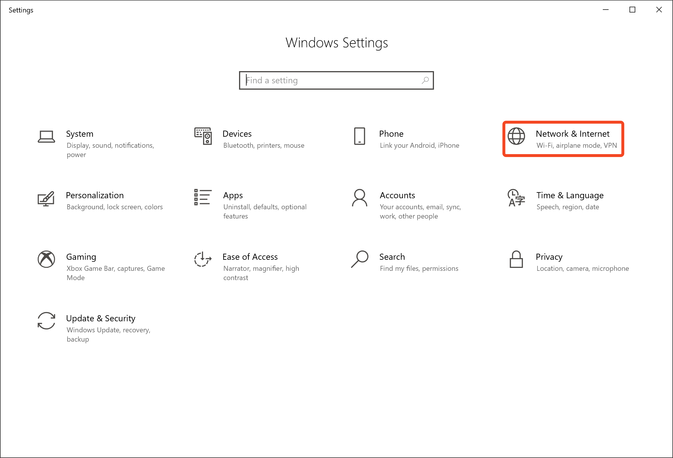 Windows Settings with "Network & Internet" button highlighted