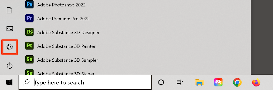 Windows start menu opened with Settings icon highlighted