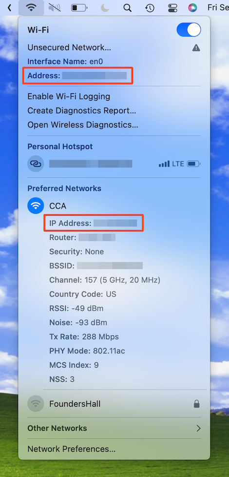 macOS Wi-Fi Menu with "Address" and "IP Address" fields highlighted.