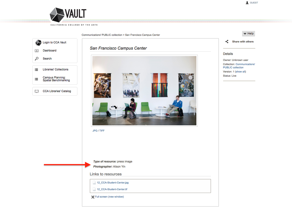 A screenshot of the CCA Vault, with an arrow pointing to where the photographer's information is shown.