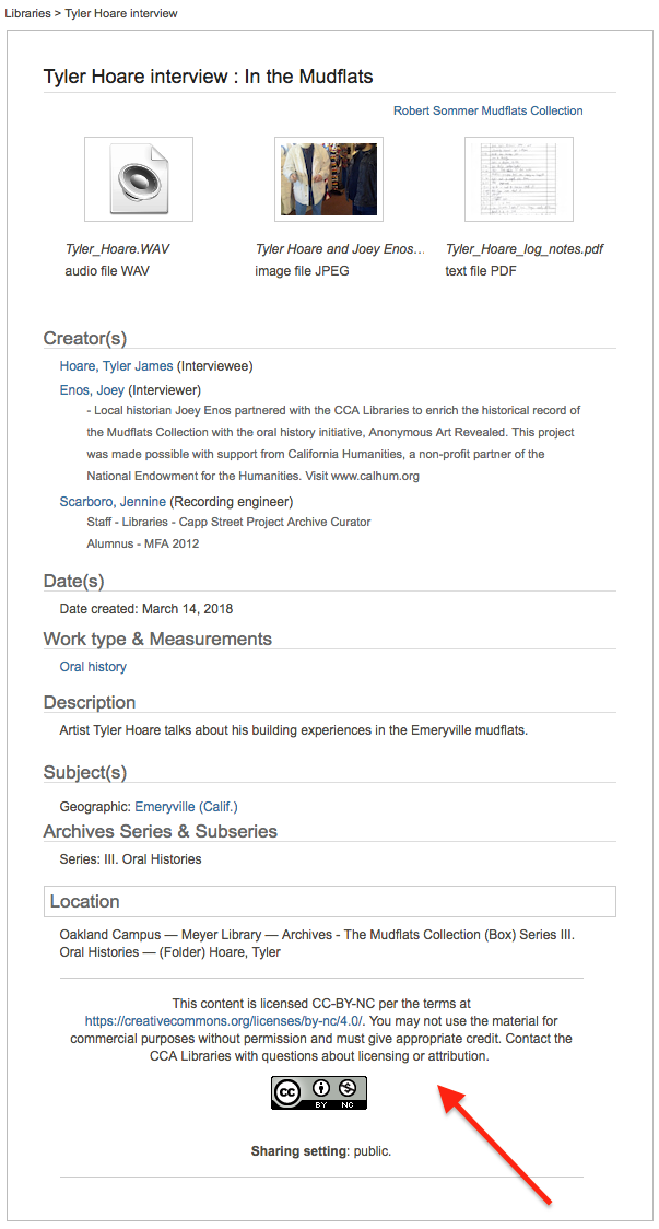 A screenshot of a page in CCA Vault that shows details about a work's origins/artists/more, with an arrow pointing to the licensing information.