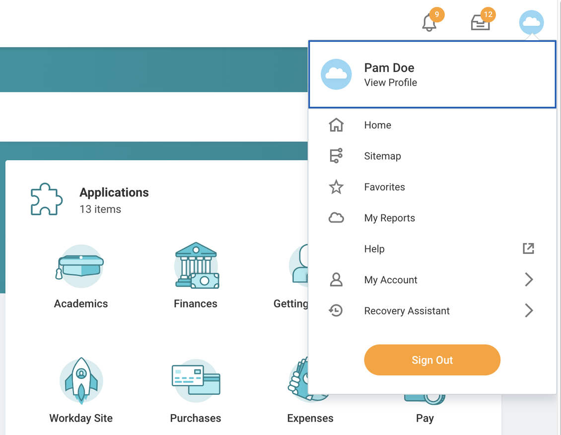 Workday profile submenu and View Profile button