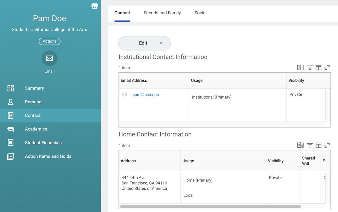 contact tab of student profile