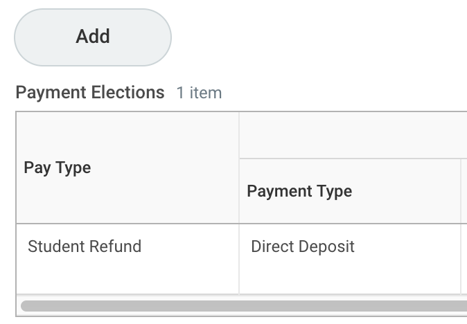 Payment Elections table showing direct deposit account for student refunds