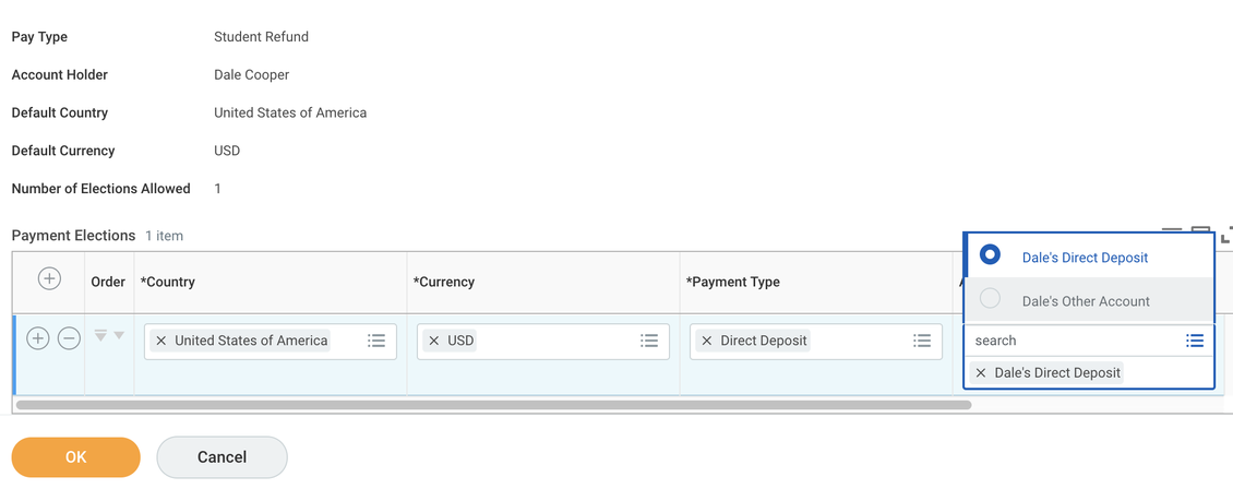 Selecting an account for direct deposit from the Payment Elections table