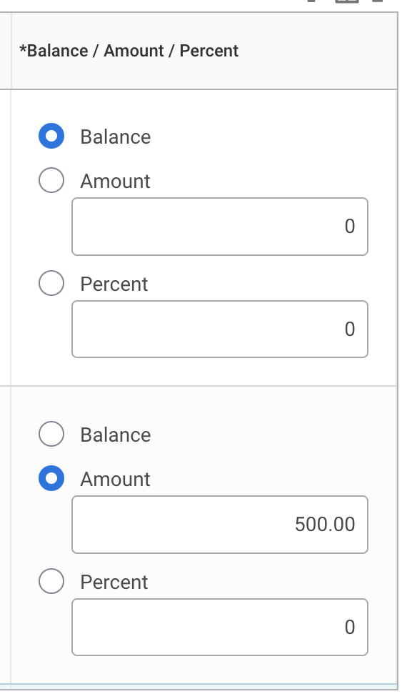 Balance / Amount / Percent for payment elections