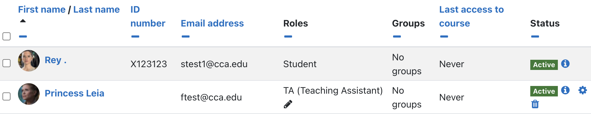 Example of a TA enrolled in a Moodle course.