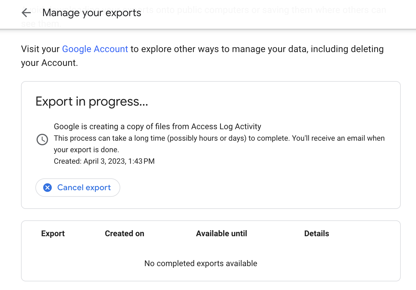 View ongoing and available exports from Google Takeout