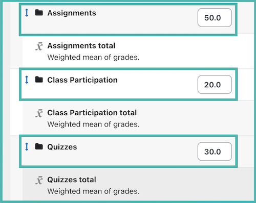 Grade categories with weights