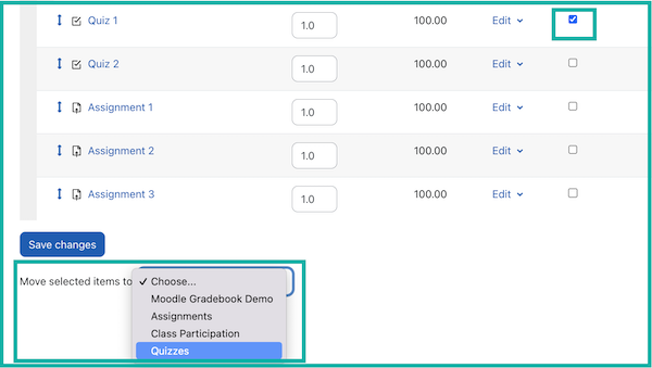 Move a grade item in Moodle Gradebook