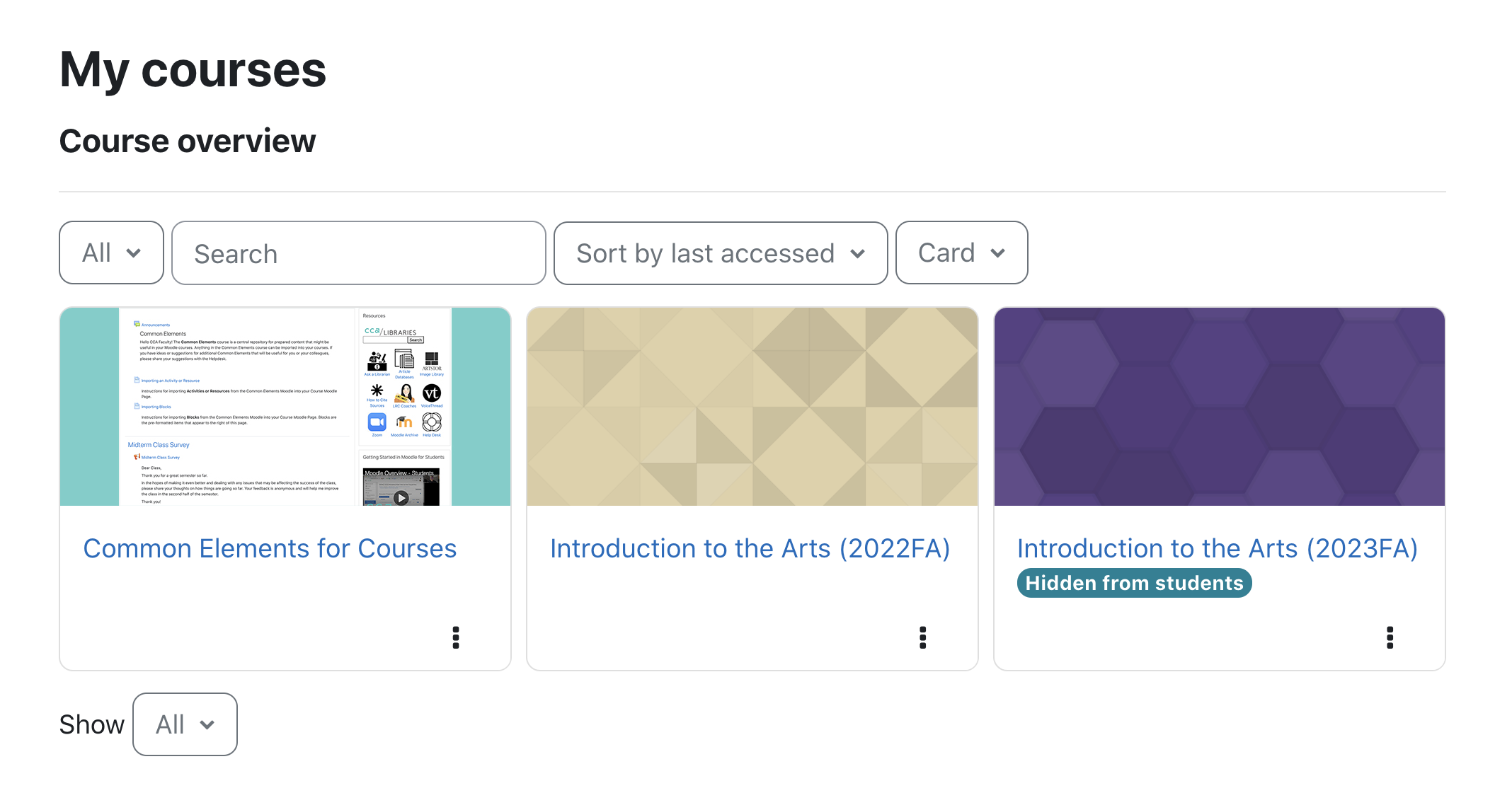 Screenshot of Course Overview with three courses; the third course is marked with a Hidden From Students flag