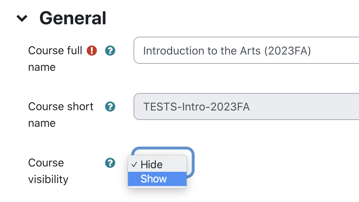 Screenshot of Course visibility setting in course settings