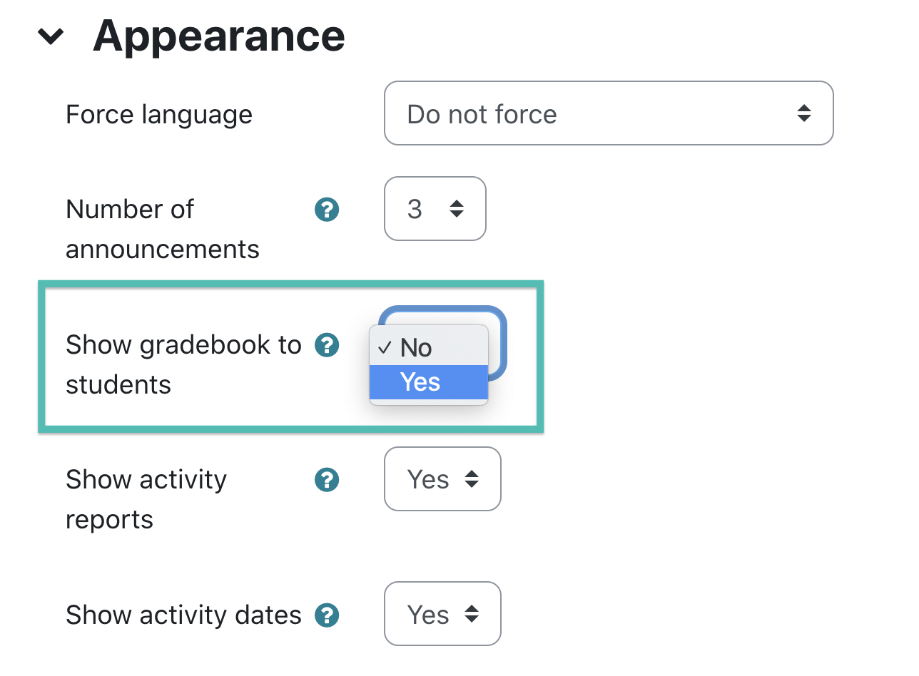 Screenshot of the Show gradebook to students option in Moodle