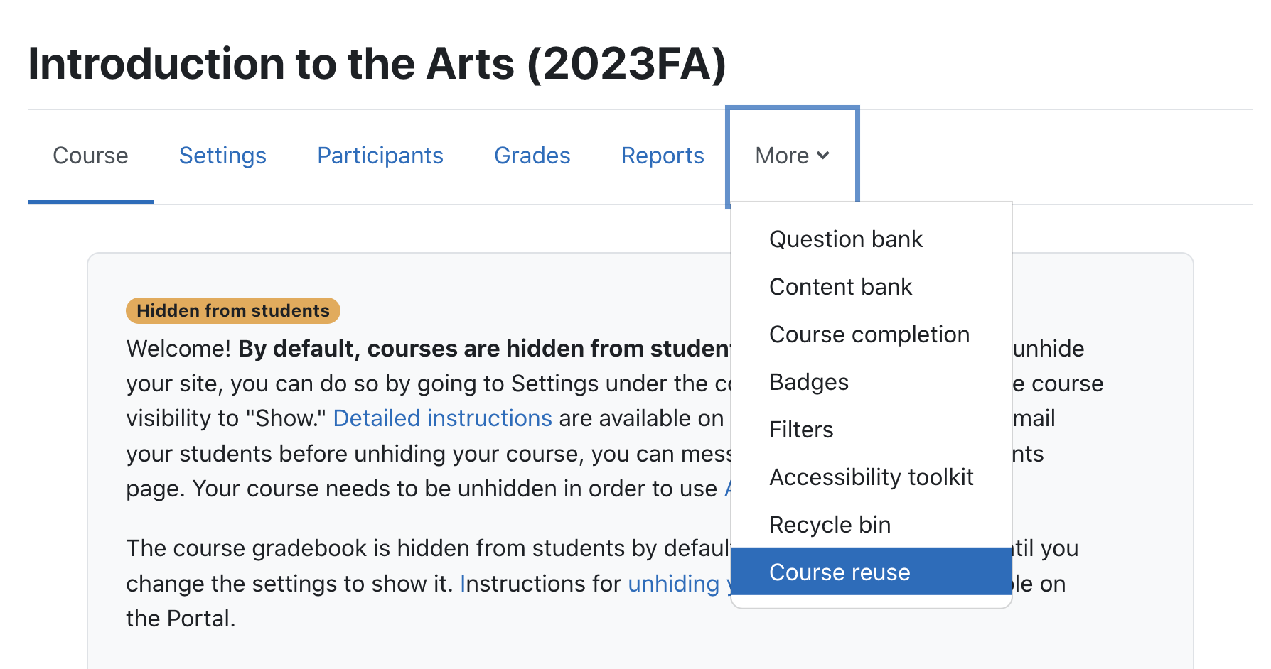 screenshot of a Moodle course with the More dropdown expanded, showing the Course Reuse option