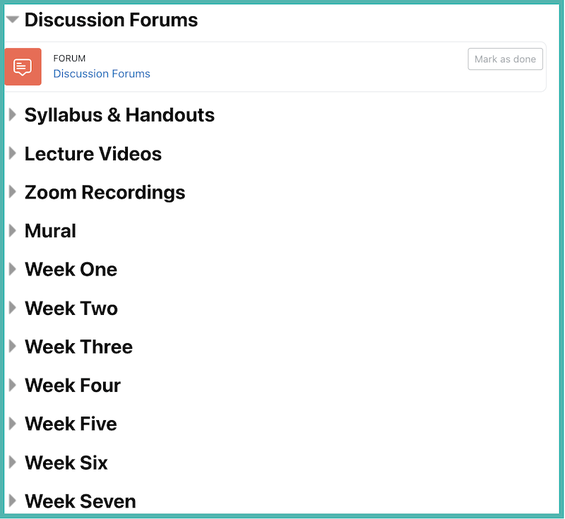 A visual example of a Moodle course using the Collapsed Topics format.