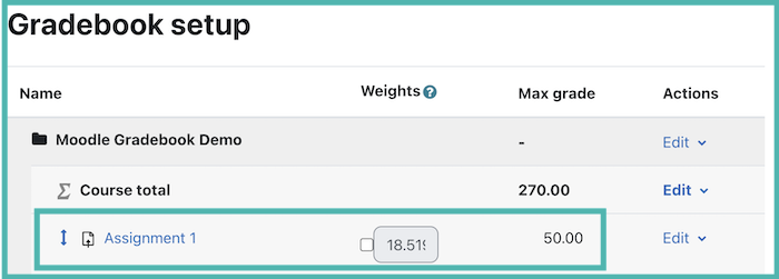 gradebook showing a newly set grade item