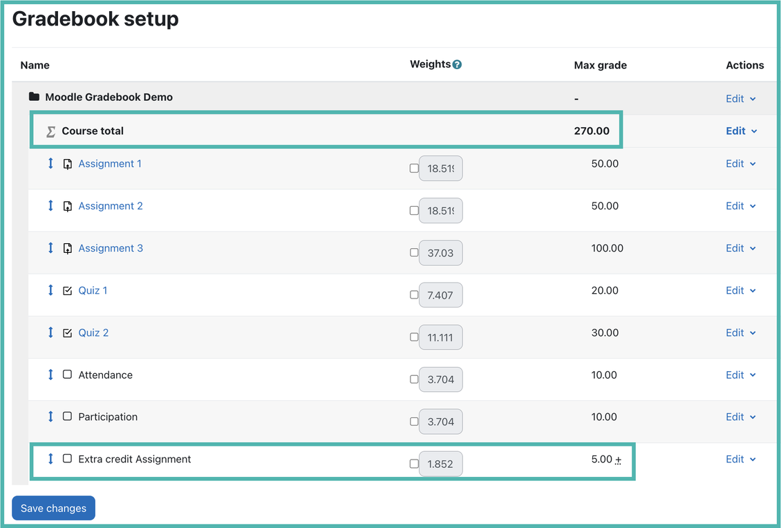 A completed Natural gradebook setup