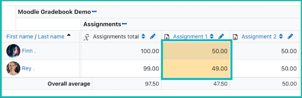 Grades override showing yellow