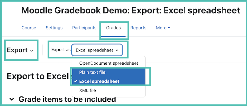 Moodle export type