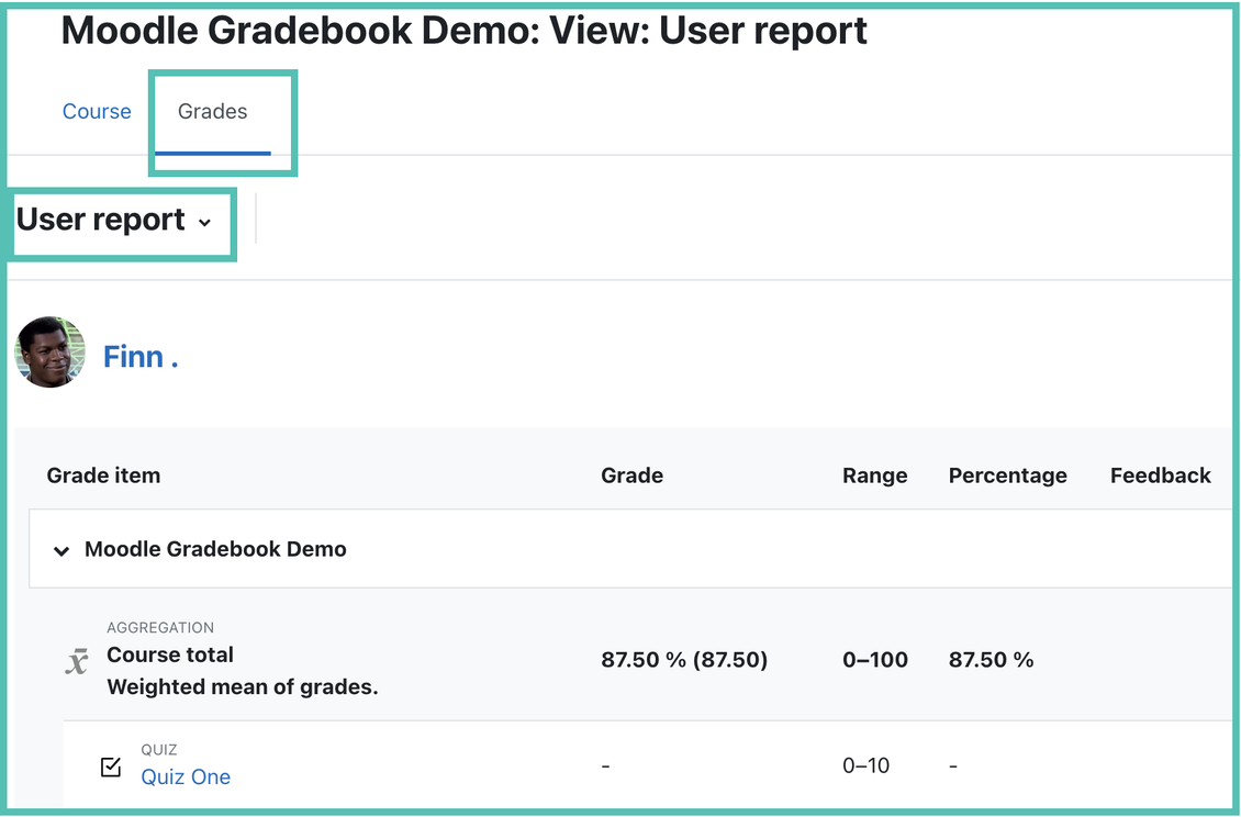 Student detailed grades in a Moodle course