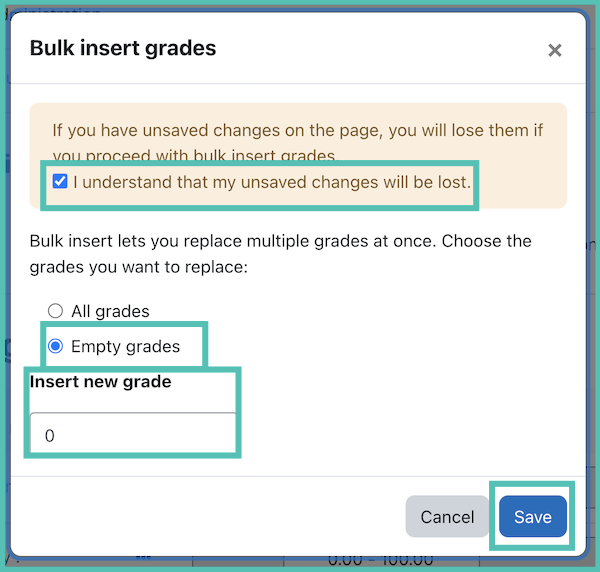 Bulk insert grades pop-up window