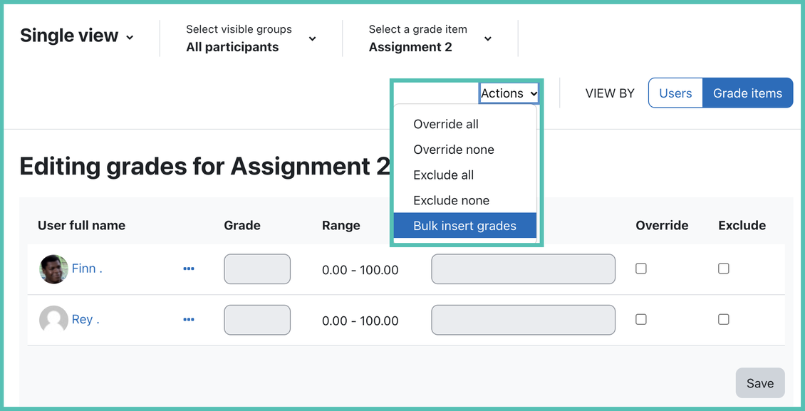 Use the Actions drop-down button to select Bulk insert grades