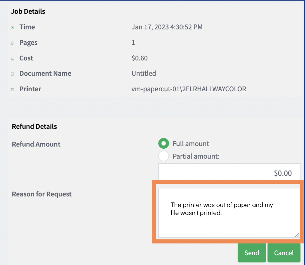 PaperCut Refund Request page